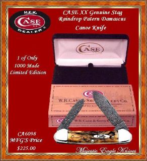 Case Cutlery CA6098 Stag Rain Drop Damascus Canoe Knife Gift Box 