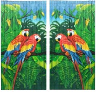 Bamboo Beaded Door Curtains Tropical Double Parrot  Set of 2