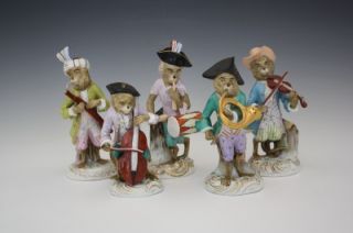 C1880 German Dresden Porcelain 5 Figurines Monkey Band All Different 