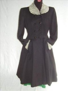 40s VINTAGE WW2 Nip Waist Flare Skirt Wool Coat Silver Persian Lamb 38 