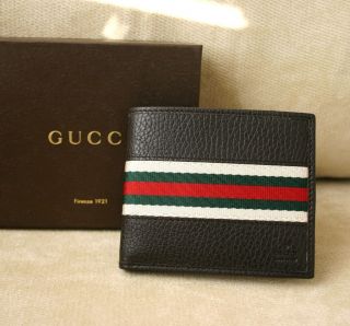 New Authentic GUCCI Mens Leather Wallet w/ Red/Green Stripes Dark 