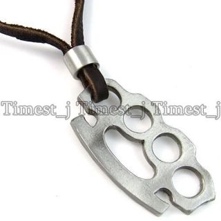 Mens Womens Brass Knuckle Duster Pendant Genuine Leather Choker 