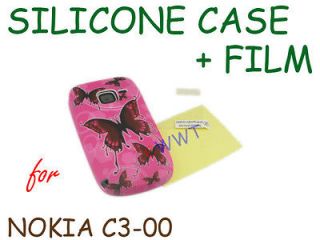 Printed Pink x Red Silicone Back Cover Soft Case + Film for Nokia C3 