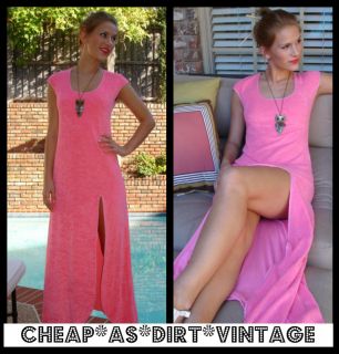VTG 70s HIGH LEG Cali super Sexy Pink TERRY CLOTH Maxi DRESS Boho 