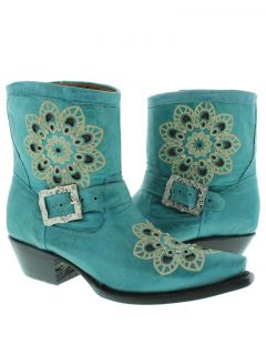 WOMENS LADIES TURQUOISE LEATHER SHORT ANKLE COWBOY BOOTS WESTERN 