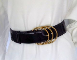 New YSL Yves Saint Laurent $445 Black Patent Leather 3 Buckle Belt 85 