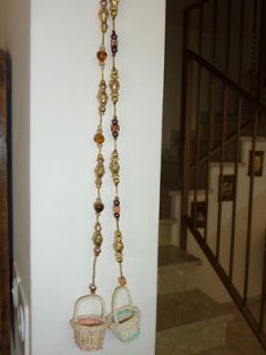 wall hanging mobile decor with beads chain, 2 small straw baskets 