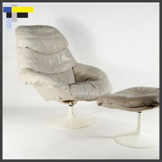 Retro Vintage Danish Leather Swivel Lounge Chair + Ottoman Armchair 