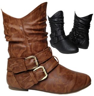 NEW Womens Strappy Buckle Low Calf Flat Heel Wrinkle Slouch Boots 