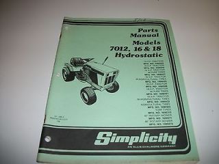 Parts manual Simplicity 7012 and 7016 and 7018 hydrostatic See 
