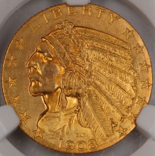 1908 Indian $5 Half Eagle Gold Coin, NGC UNC Details (Improperly 