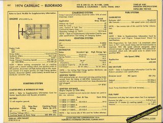 1974 CADILLAC ELDORADO 472 & 500 ci 4 BBL Engine Car SUN ELECTRIC SPEC 