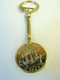 Keyring with Gold Plated 1967 Queen Elizabeth Halfpenny Coin