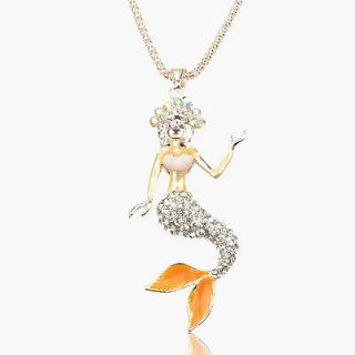 Enamel 3D Mermaid Crystal 14K Gold Plated GP Necklace Pendant B2020K
