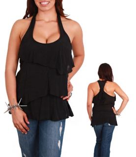 WOMANS PLUS SIZE SEXY BLACK RUFFLED HALTER TOP 1XL 14/16 NEW