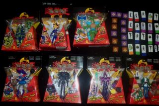 LOT OF 7 HTF 2002 YU GI OH GAME ACTION FIGURES BY MATTEL 3 WITH POSTER 