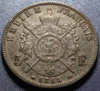 1868 2nd Empire of France 900 Silver Five Francs Paris Mint Louis 