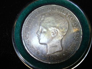 1895 Alfonso XIII 1 Peso 5 PTAS Spain Isla de Puerto Rico Rare Coin 