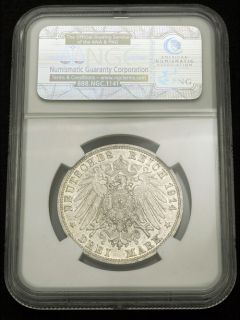 1914, Bavaria, Ludwig III. Scarce Silver 3 Mark Coin. NGC MS 62