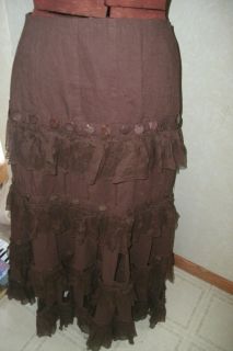 ALBERTO MAKALI Brown Artsy Tiered Layer Flax Cotton Skirt Sz 8 