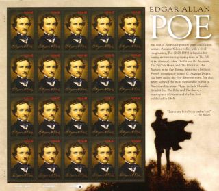 Edgar Allan Poe Scott # 4377 42c MNH Sheet of 20 US Postage Stamps 