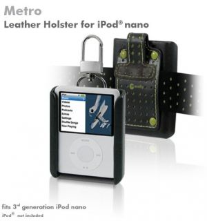 Macally Metro Black Leather Case Armband Carabiner Clip for iPod Nano 