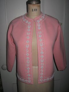 1950s Pink Wool Knit Beaded Cardigan Jacket Sweater Cutter or Repair S 