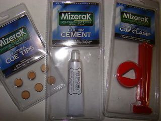Mizerak Cue repair kit Clamp Cement Leather Tips BIN Bonus Burnisher 