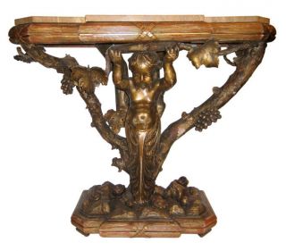 Antique Bacchanale Carved Wooden Marble Console Table