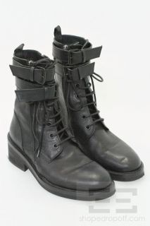 Ann DEMEULEMEESTER Black Leather Double Buckle Lace Up Flat Boots Size 