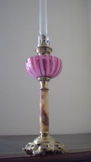    ANTIQUE VICTORIAN 1890 CRANBERRY VASELINE GLASS TABLE OIL LAMP