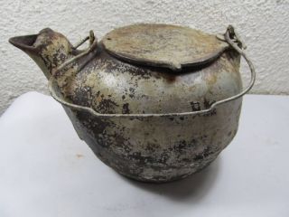 Antique Cast Iron Primitive Hot Water Tea Kettle #8 marked U W