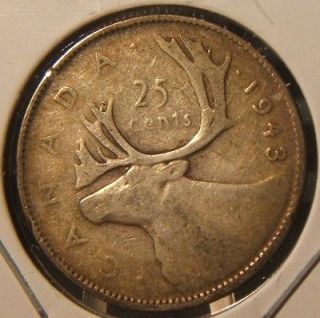 1943 canada 25 cents silver f vf 