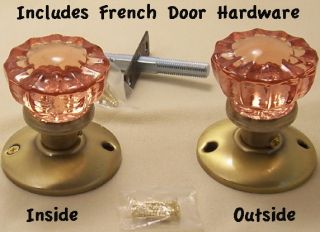 FOUR Antique Crystal Knobs & Brass FRENCH DOOR Hardware