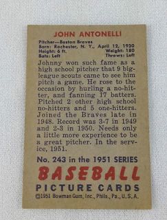 1951 bowman no 243 johnny antonelli boston braves