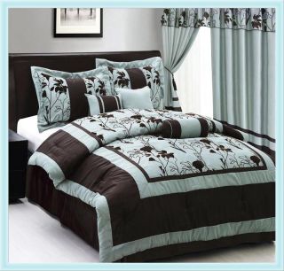   Flocking Floral Bedding Comforter Set Bed In A Bag King Aqua/Brown
