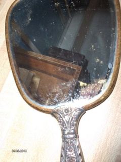 Vintage Gold and Silver Beveled Hand Held Mirror 13 1 2  Long