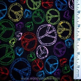HALF YARD Hearts & PEACE SIGNS All Over BLACK Flannel Fabric 1/2 YARD