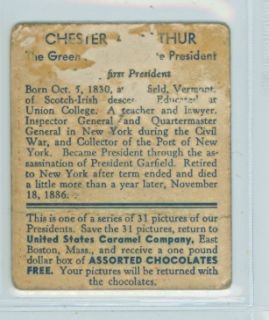 1932 Caramel Presidents 21 Chester Arthur F P Red Set Break