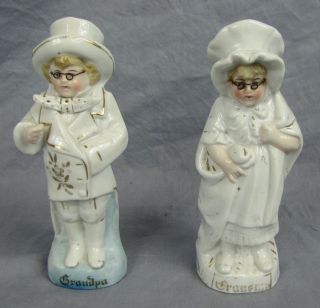 Antique German Porcelain Figurines Grandma Grandpa with Wire Glasses 