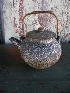 Antique Teapot Clay Unusual Textured Glaze Pewter Look Basket Wire 