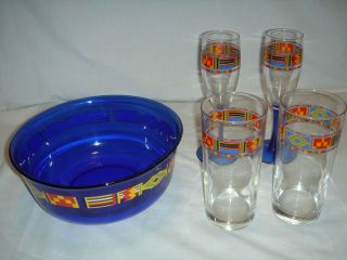   France Cobalt Blue Glass Dish and Glass Set   Bright Color Band