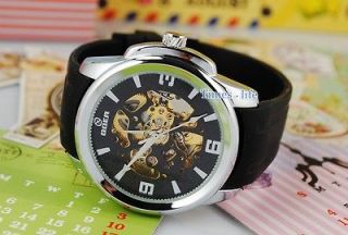 Classic Black Steampunk Dial Automatic Watch Mens Golden Skeleton Gift 