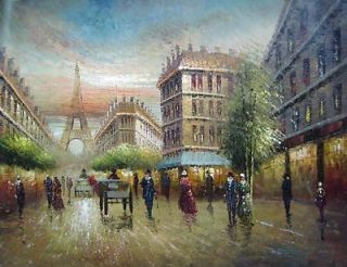 36x48 Vintage Parisian Street and Paris Eiffel Tower Scene Oil 