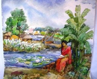 Bangladeshi Village Watercolor Painting by Celebrated Artist Samiron 