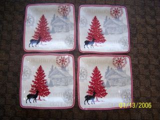 222 Fifth Northwood Cottage Set 4 Square Dinner Plates Christmas NEW 