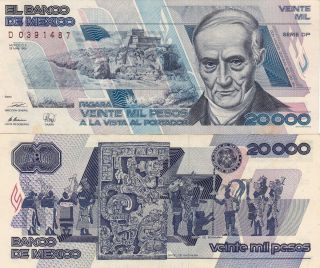 Banco de Mexico $ 20 000 Pesos Quintana Roo Mar 28 1989 UNC D0391487 