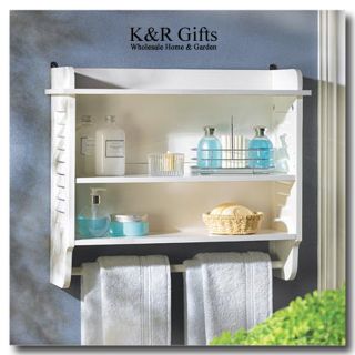 BATHROOM SHELF: Bright White NANTUCKET Wall Cabinet with Towel Hanger 