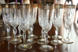 12 Italian Gold Trim Lead Crystal Goblets Champagne
