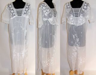 Vintage 1920s White Embroidered Batiste Filet Lace Nightgown Dress 